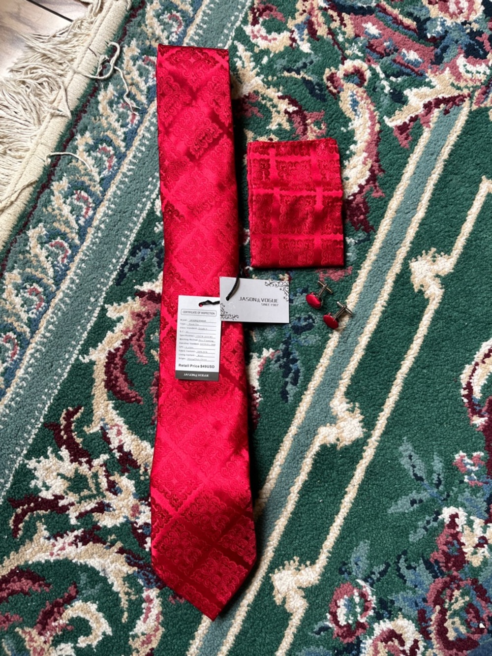 Red Men's Tie and Pocket Square Set with Cufflinks